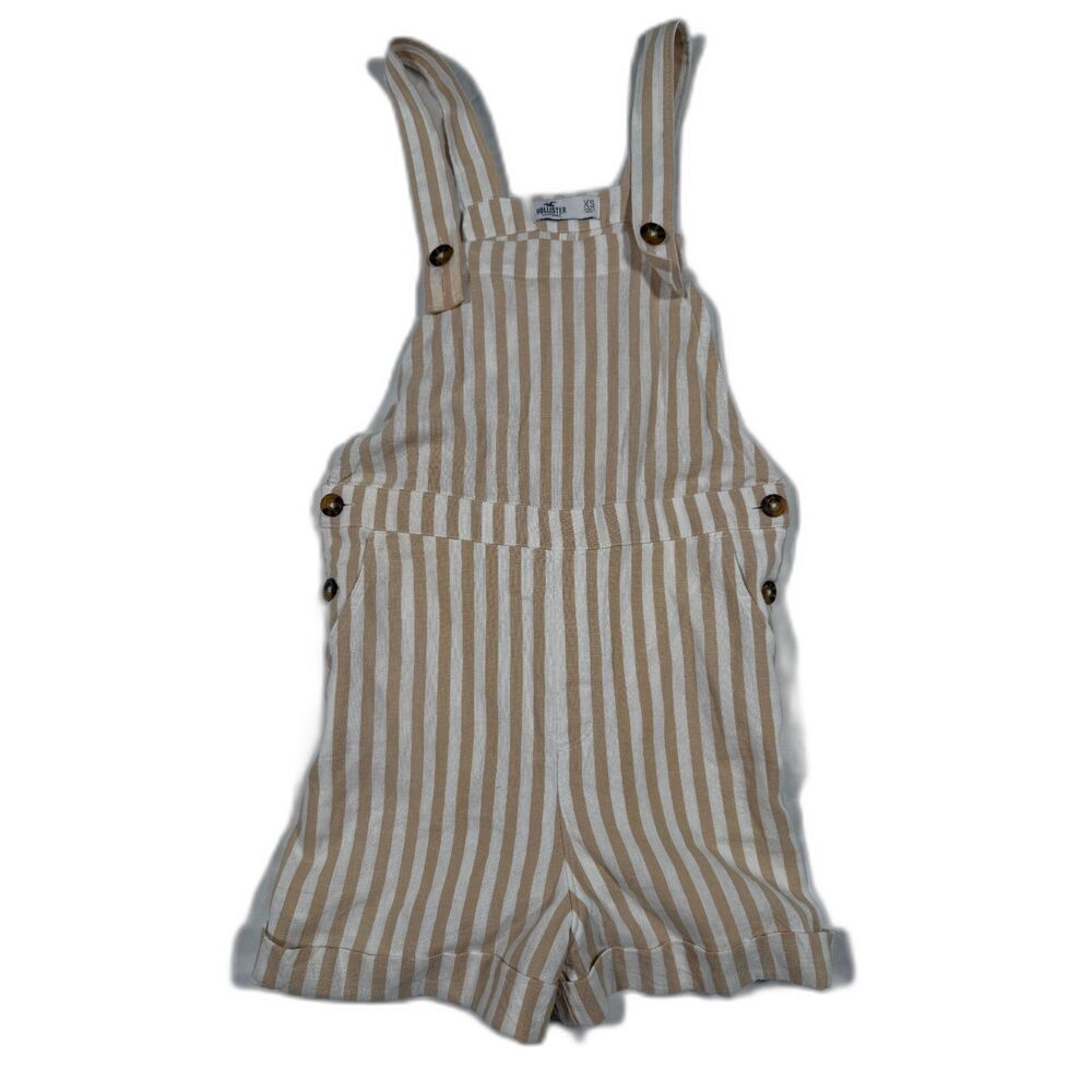 Hollister Linen Blend Striped Shortalls Overalls Romper Beige White Womens XS